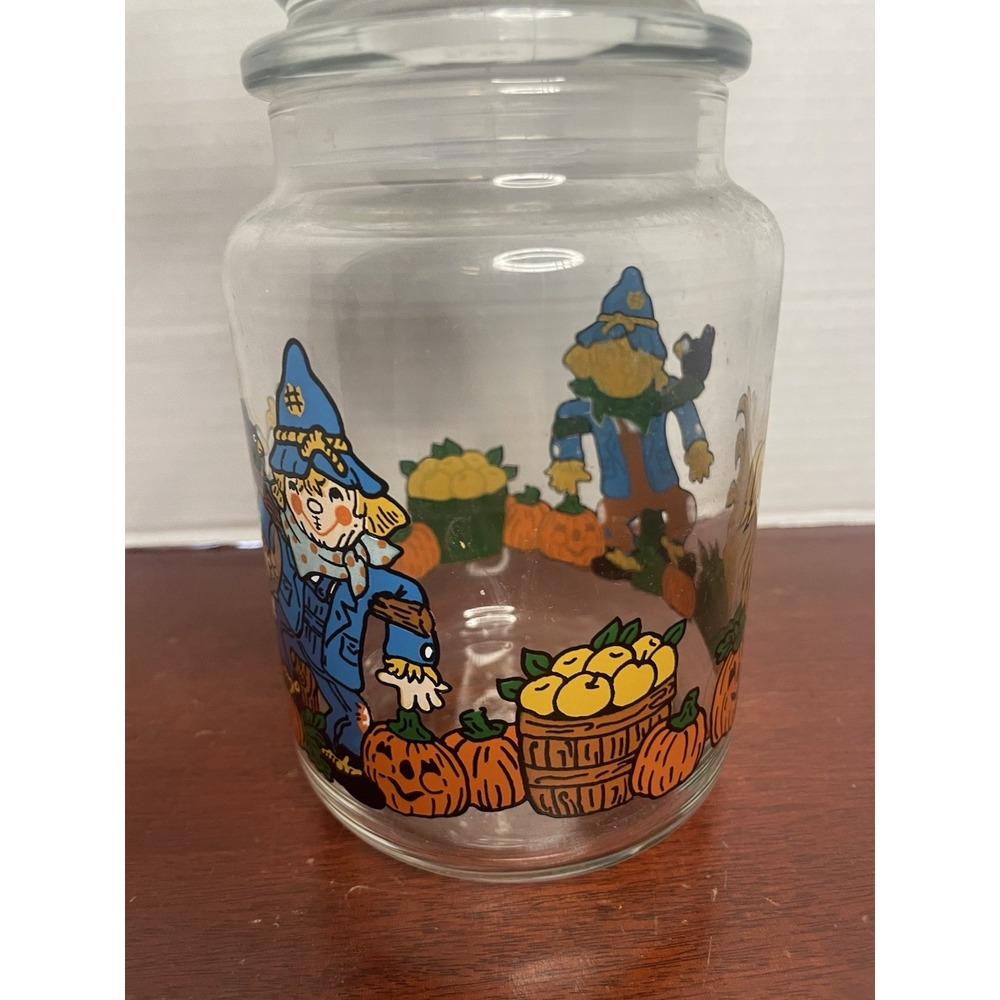 Vintage Libbey Glass Halloween Candy Jar W/ Lid Canister Scarecrow Pumpkin Patch - Picture 3 of 8